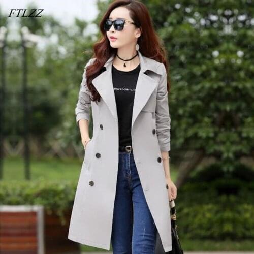 FTLZZ Plus Size 3XL Trench Long Coat Spring Autumn Womens Double Breasted Windbreaker Outerwear Female Casual Trench Coat