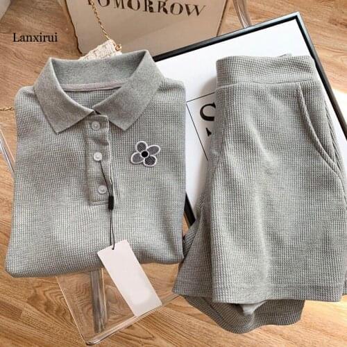 Single/set summer new polo collar womens solid casual simple jogging trend suit loose short-sleeved T-shirt + wide-leg culottes