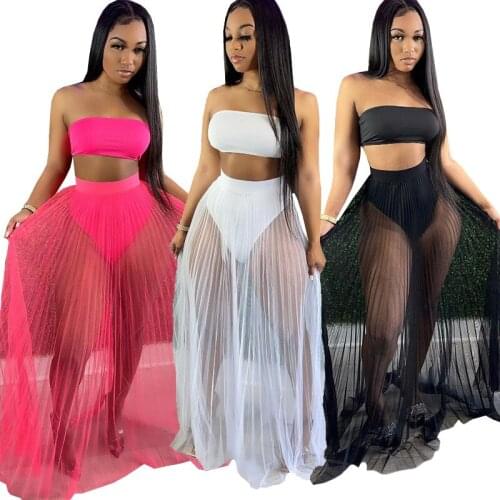 CM.YAYA Women Mesh See Though Beach Matching Set Strapless Crop Top Maxi Skirt Suit Two Piece Set Tracksuit Long Dress