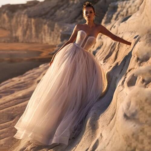 Eightree Boho Wedding Dresses Beach Elegant Pearl Lace Tulle Bridal Gowns Strapless Sleeveless A-Line Vintage Bohemian Dresses