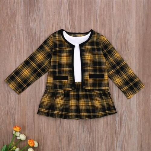 1-4Y Autumn Fashion Toddler Kids Baby Girls Clothes Sets Long Sleeve Red Yellow Plaid Coat Tops+A-Line Skirts 2PCS