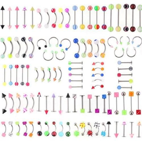 5Piece Acrylic Ball Spike Tongue Ring Stainless Steel Barbell Lip Rings Eyebrow Belly Navel Nose Tragus Body Piercing Jewelry