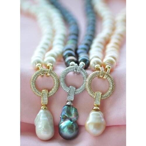 D0420 18" 12mm white pink black Round & Baroque Keshi Pearl Necklace & Pendant CZ