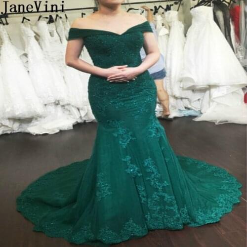 JaneVini Elegant Green Mermaid Party Long Evening Dresses 2020 Off Shoulder Beading Sequin Prom Dress Lace Tulle Graduation Gown