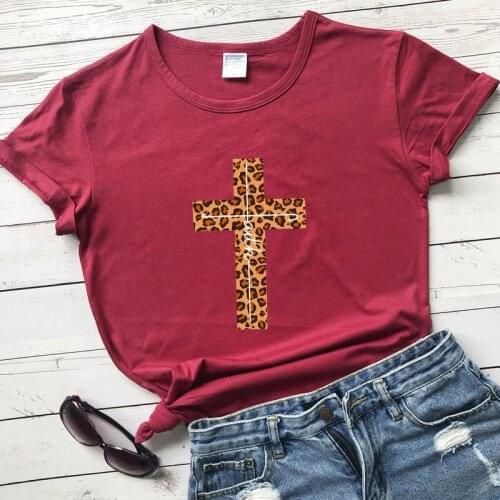 Colored Leopard Faith Cross T-shirt Vintage Hipster Jesus Religion Tshirt Women Catholic Christian Bible Top Tee
