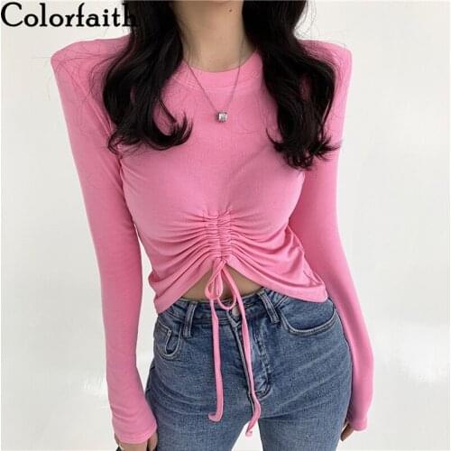 Colorfaith Y2K New 2021 Womens Spring Autumn T-shirt Soild Shirring Bottoming Basic Shoulder Pads Sexy Lady Short Tops T0909