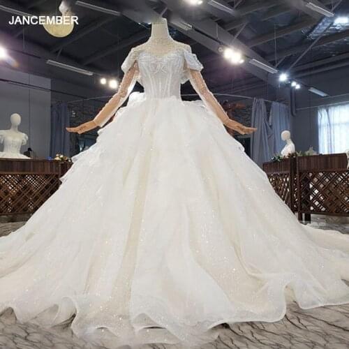 HTL1846 Simple White Sequined Beading Wedding Dress 2020 High Neck Long Sleeve Off The ShoulderBall Gowns