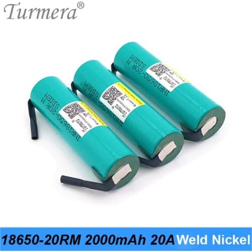 Turmera 18650 2000mAh 20A Battery INR18650-20RM 3.6V Soldering Nickel for Tool Screwdriver and Vacuum Cleaner Battery Use 3Piece