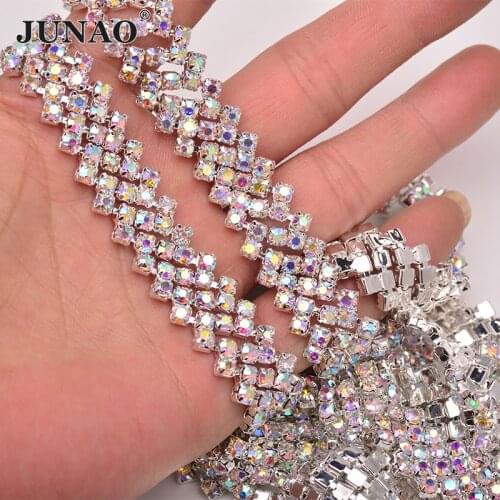 JUNAO SS16 Clitter Crystal AB Glass Rhinestone Chain Trrm Ciystals Ribbon Applique Sewing Metal Trimming For Clothes
