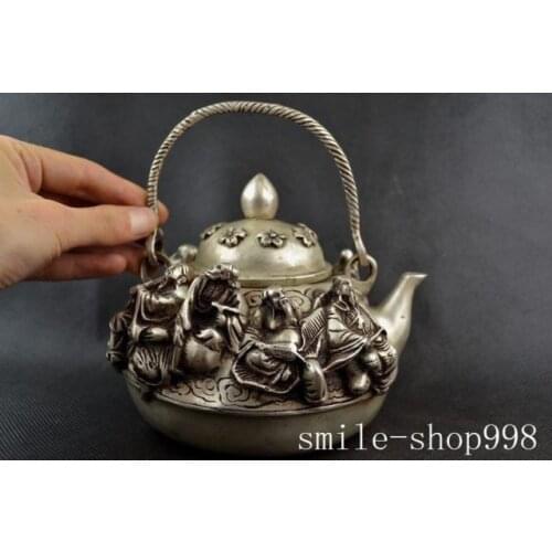 China Chinese Folk Feng shui copper Silver Carving 8 Immortal TeaPot jar statue Garden Decoration 100% real Tibetan Silver Brass