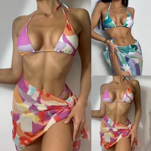 3-piece Set Sexy Pink Print Swimsuit Mesh Bikini Set Triangle Micro Bikini String Halter Swimwear Women Low Waist Bathing Suit