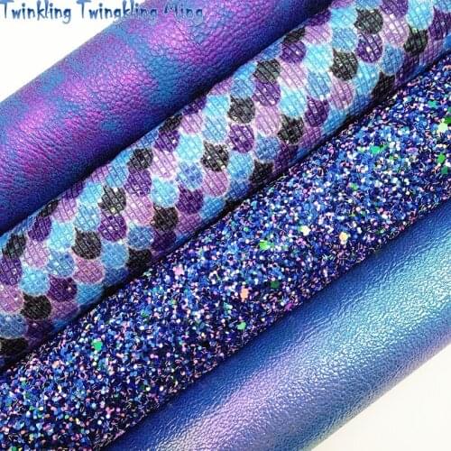 Blue Glitter leather, Mermaid Printed Glitter Fabric, Metallic Faux Fabric For Bow A4 21x29CM Twinkling Ming KM197