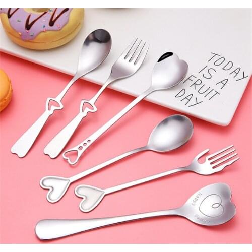 Coffee Stirring Scoop Creative Heart Shaped Stainless Steel Cake Spoon Fork Kitchen Accessories Tableware Gift