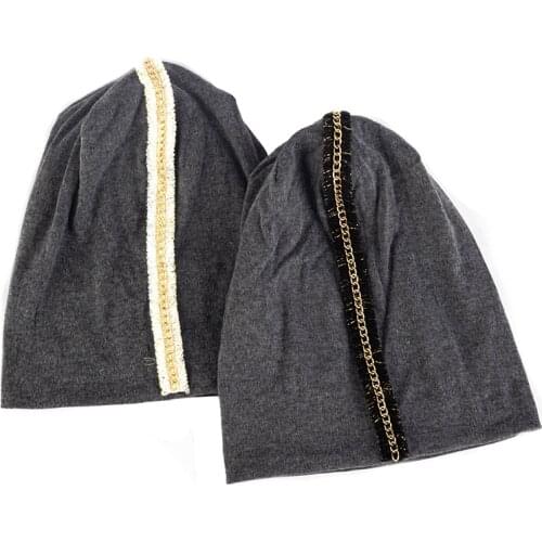 Womens New Hot Sale Knitted Beanie Hat Female Baggy Casual Hat Balaclava Caps Lady Girl Solid Color Skullies With Gold Chain