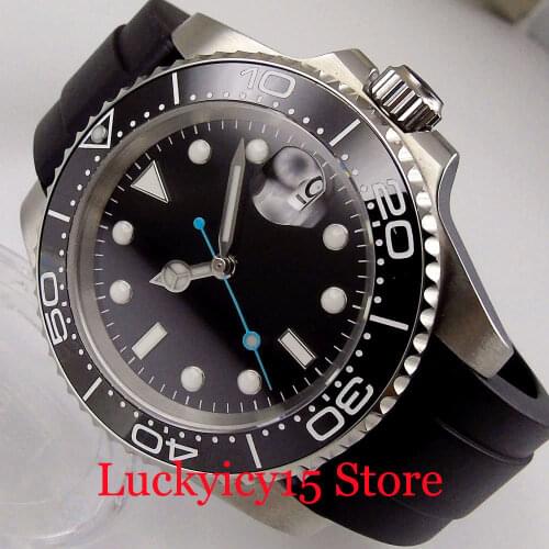 New Sterile Mechancial Men Watch 24 Jewels NH35 MIYOTA 8215 Movement Rubber Band Steril Black Dial Screw Down Crown