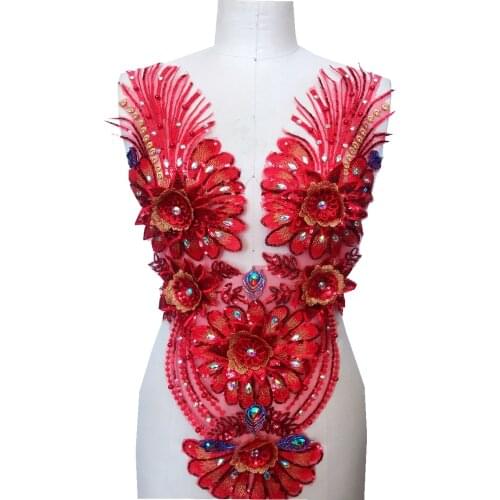 3D Three-dimensional embroidery flowers sew on big red lace patches rhinestones decoration applique 62*34cm for dress