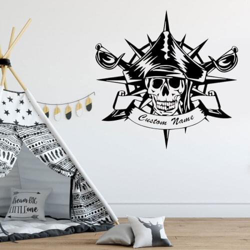 Personalized Name Pirate Pattern Nautical Home Decor Wall Sticker Vinyl Decals For Kids Room Boys Bedroom Removable Mural 4078