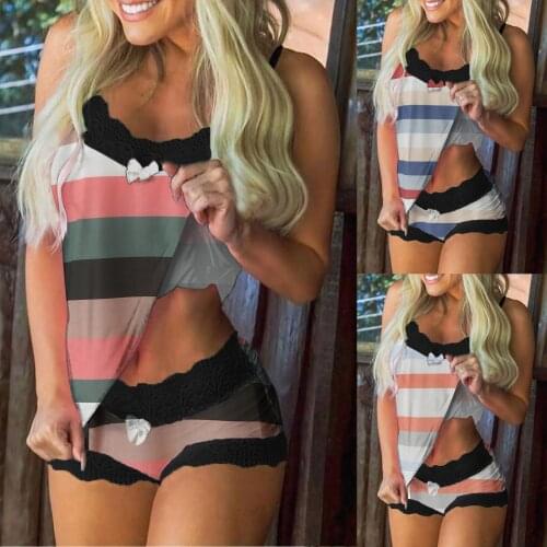 Pajamas Women Sleeveless Lace Cami Shorts Lingerie Sleepwear Stripe Print Pajamas Sleeveless Lace Cami Shorts Sleepwear Set