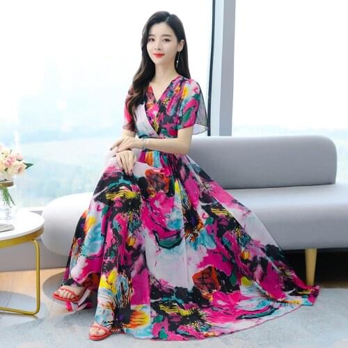 TingYiLi Vintage Floral Printed V neck Maxi Dress Summer Bohemian Big Swing Women Dress Korean Style Elegant Beach Dress Female