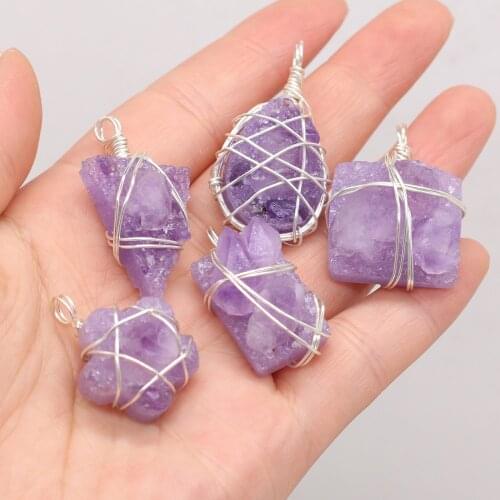 Natural Amethysts Pendant Rock Mineral Purple Quartz Reiki Healing Energy Stone Charms for Femme Jewelry Making DIY Necklace