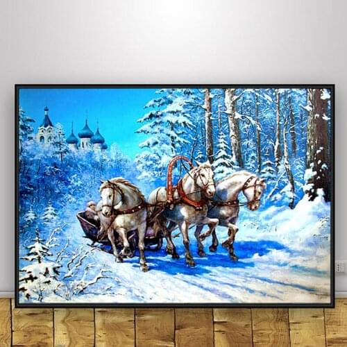 Full Square Diamond Embroidery Winter 5D Diy Drill Painting Cross Stitch Crystal Sale Three Horse Snow Landscape Mosaic Picture