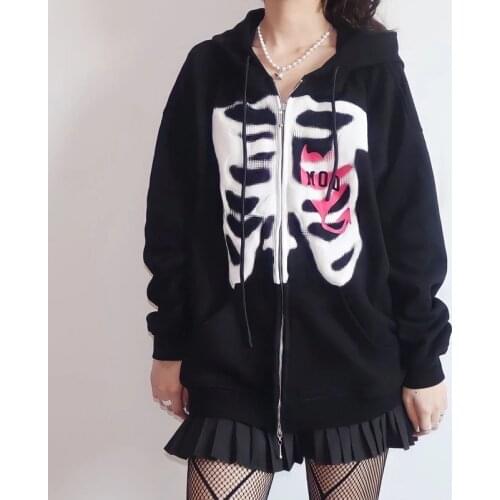 Casual Zip Up Hoodie Female Sweatshirts Skull Print Y2k Jacket Hoodies Women Hip Hop Streetwear Vintage Harajuku Grunge Clothes