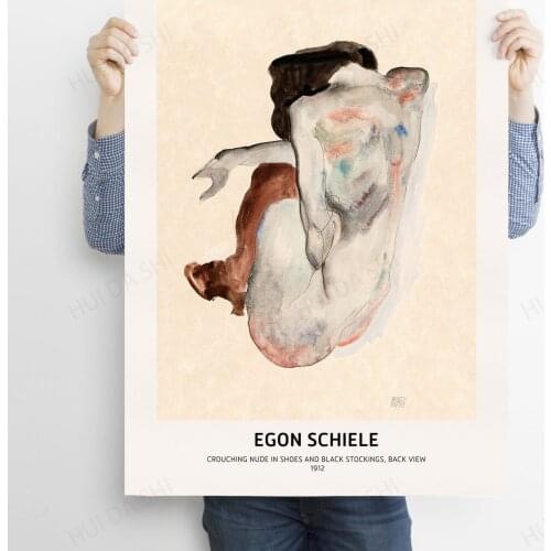 Egon Schiele Print, Art Exhibition Poster, Crouching Nude in Shoes and Black Stockings, Sketch, Vintage Female Illustration