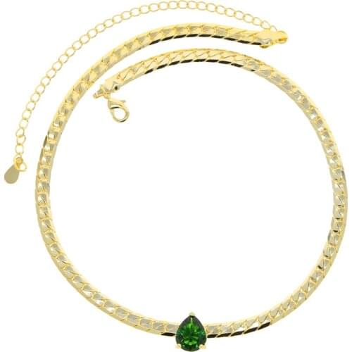 Drop ship Gold Color Herringbone Snake chain Micro Pave CZ Green crystal Charm Choker Necklaces for women Luxury jewelry