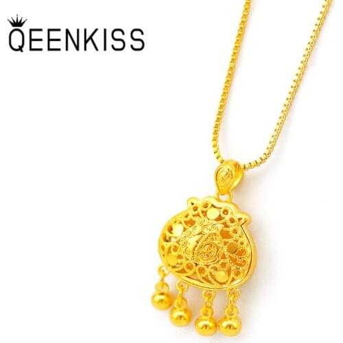 QEENKISS PT532 2021 Fine Jewelry Wholesale Fashion Woman Girl Birthday Wedding Gift Lucky Bag 24KT Gold Pendant Charm NO CHAIN