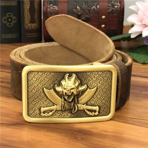 Brass Skull Belt Buckle Leather Belt Men Ceinture Homme Yellow Belt Men Leather Belt Cowboy Wide Jeans Male Strap MBT0092