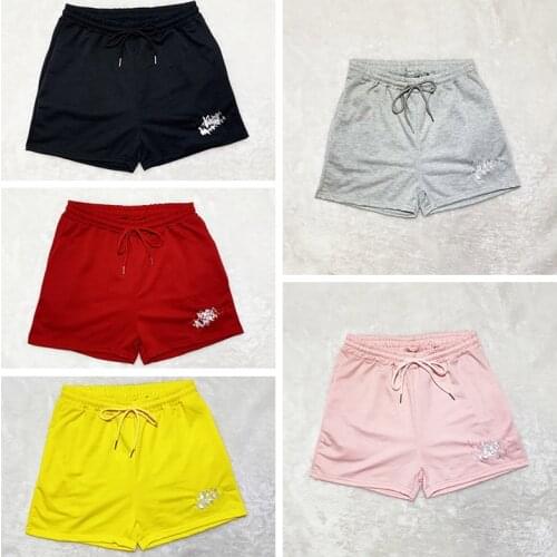 New Womens Casual Fashion Loose Embroidered Double Pocket Shorts Elastic Belt Waist Rope Shorts