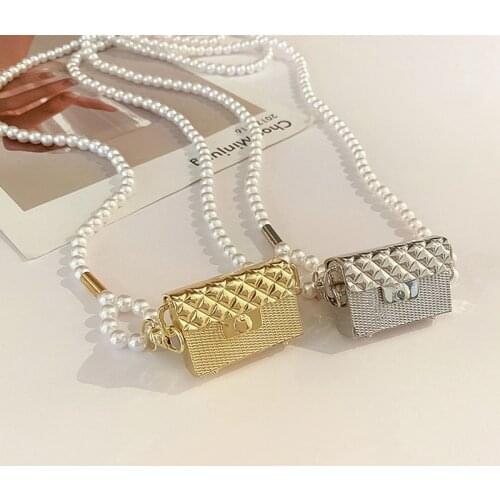 Super Mini Bag Purse Earphone Pearl Straps Chain Square Crossbody Bag For Women Luxury Gold Silver Alloy Shoulder Bag Dropship