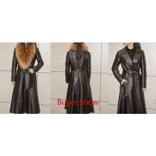 Jacket Leather Winter Coat Women Long Down Jacket Real Raccoon Fur Collar Genuine Sheepskin Coat Female Windbreaker MY