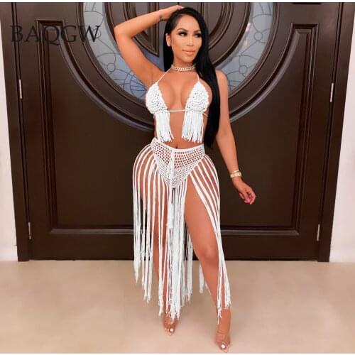 Womens Fashion Sexy Solid Crochet Large Size Womens Beach Suit Summer Halter Tops + Tassel Shorts Hollow Out 2 Piece Swimsuit