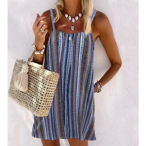 Womens Sexy Stripe Print Boho Club Party Dress Summer Women Spaghetti Strap Beach Backless Mini Dresses vestidos