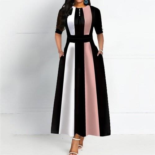 Round Neck Color Block Vintage A Line Women Maxi Dress Elegant Female Retro Striped Dress Office Long 2019 Autumn Party Robe 2XL