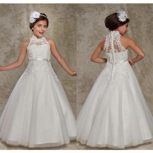 White High Neck Tulle Lace A Line Flower Girl Dress Applique Beaded Bow Sash Girls Pageant Dresses Birthday Party Dress