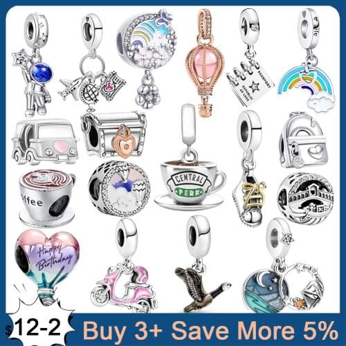 Hot Sale 925 Sterling Silver Charm Travel Globe Plane Suitcase Beads Fit Original Pandora Bracelet Jewelry Making DIY Women Gift