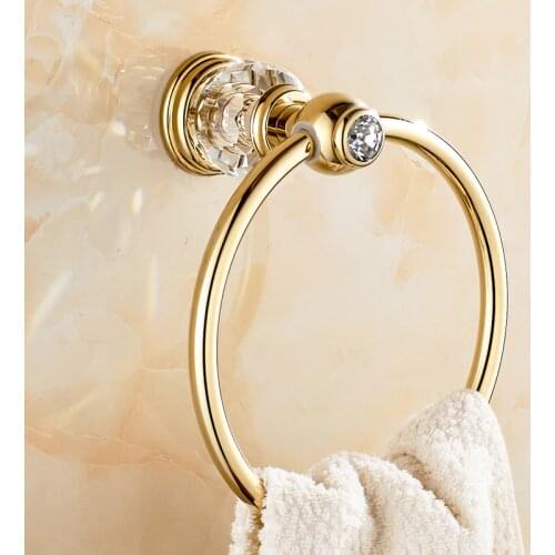 European Gold Solid Brass Crystal Towel Ring Luxury Round Base Towel Holder Rack Bathroom Accessories Products