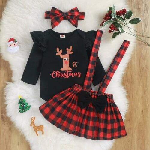 Ma&Baby 0-18M 1st Christmas Baby Girl Clothes Set Newborn Infant Girl Deer Letter Romper Bow Plaid Pants Headband Xmas Outfits