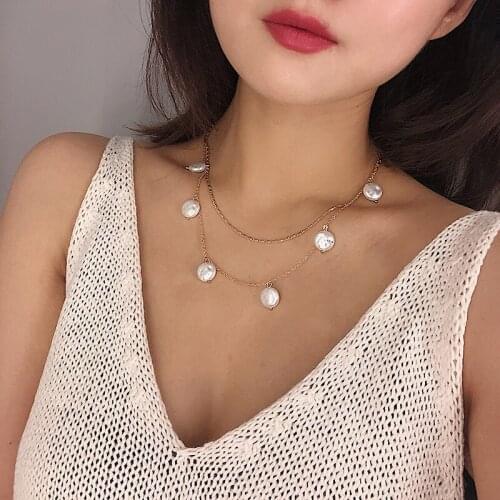 SRCOI Double Layer Gold Color Chain Geometric Imitation Pearl Necklace Fashion Bohemian Choker Statement Necklaces Women Jewelry