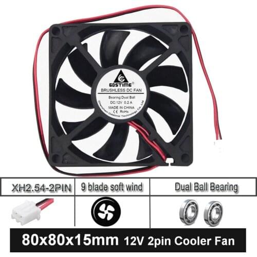 Gdstime 12V 80mm 2Pin Ball Bearing 8cm 80x80x15mm DC Cooling Fan Radiator CPU Cooler