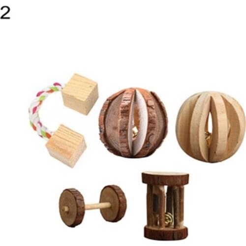 Hamster Rabbit Teeth Grinding Toy Sepak Takraw Molar Square Toy Small Dumbbells Wooden Little Wheel Toys Pet Chew Bite Toy 5PCS