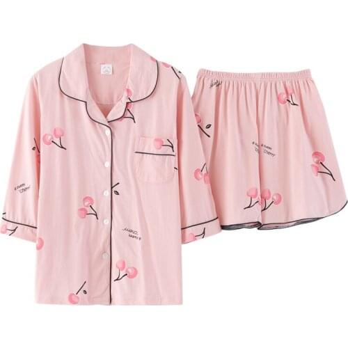 New Summer Knitted Cotton Women Pajamas Set Cartoon Pyjamas Womens Turn-down Collar Cardigan Sleepwear Plus Size Female Homewear