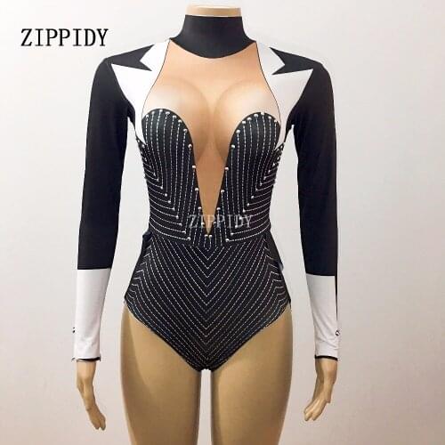 Sexy Black Stage Bodysuit Teacher Tuxedo Costume Bling Rhinestones Leotard Outfit Party Celebrate Wear Singer Performance