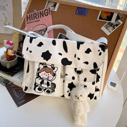 Cow Printed Cute Women Crossbody Canvas Bags Harajuku Women Messenger Cloth Bag Kawaii Casual Female Cross Body Bags Lady Bag