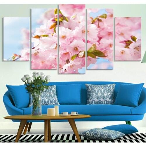 Modern Hd Printing 5 Pieces Cherry Blossom Modular Home Decor Canvas Painting Flower Posters Wall Art Pictures for Living Room