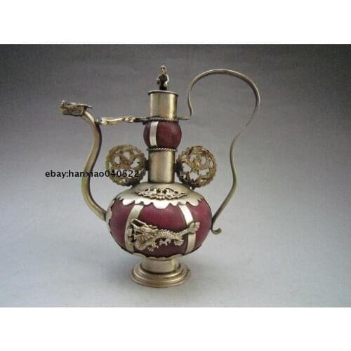 Tibet Silver Red Jade Carving Dragon Monkey Old Teapot