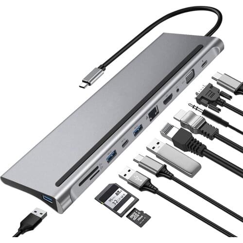 USB C Hub Type C Adapter 11 in 1 87w Charger Port 4K HD, VGA SD TF Card Reader 4 USB3.0 Ports
