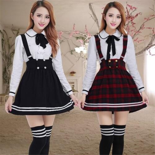 Japanese School Uniform for girls Students Class Sweet Clothes Plus size Navy Straps skirt +White Shirt +Stocking 3 Pcs / Set